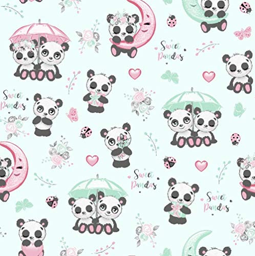 11,99€/m Panda 100% Baumwolle Baumwollstoff Kinder Meterware Handwerken Nähen Stoff (Panda Regenschirm Türkis, 100x160cm (11,99€/m))