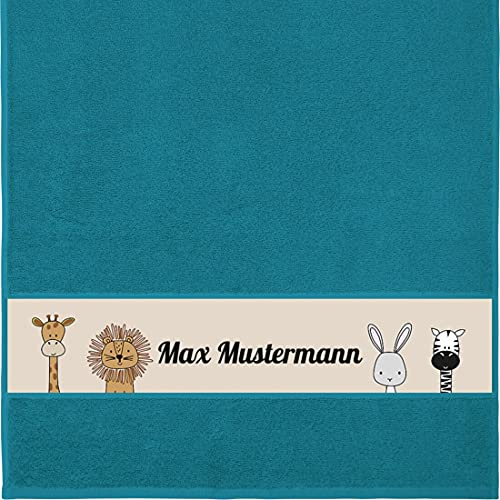 Manutextur Handtuch mit Namen - personalisiert - Motiv Tiere 1 - viele Farben & Motive - Dusch-Handtuch - Petrol - Größe 50x100 cm - persönliches Geschenk mit Wunsch-Motiv und Wunsch-Name