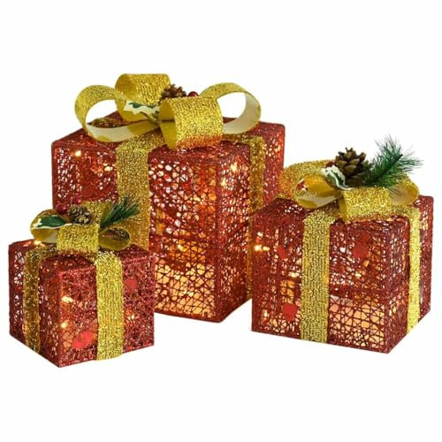 vidaXL Caja de Regalo 3 pzas, Caja Decorativa de Navidad, Adorno Festivo de Luces, Decoraciones Luminosas para Fiestas Jardín, Roja