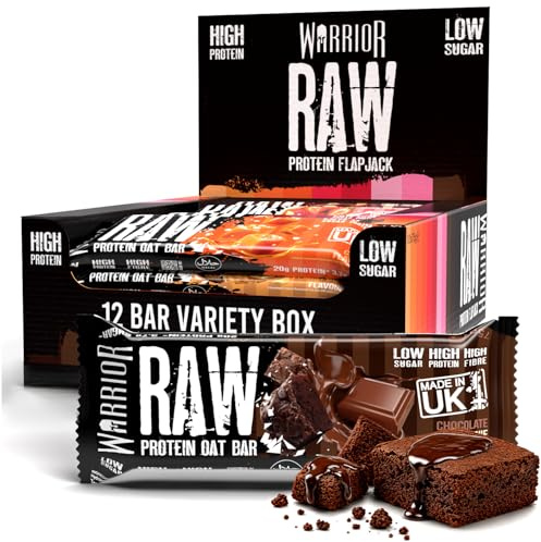 Warrior Raw Protein Flapjacks - 12 barras x 75g cada una - Embalado con 20g de proteína - Bajo en azúcar, alto en fibra (caja variada)