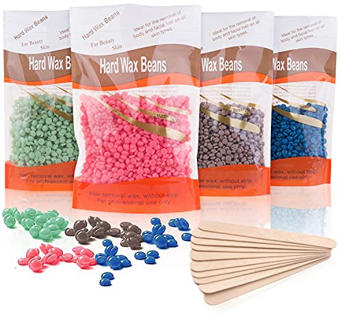 Wachsbohnen zur Haarentfernung, Wachsperlen für Ganzkörper Enthaarung, 400g Wacshbohnen und 10 Holzspateln (4 pack)