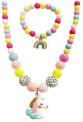 ankbrats Mädchen Einhorn Halsketten Regenbogen Armband Set, 2 Stücke bunte Perlen Halskette Armband, süßes Schmuckset für Mädchen und Kinder