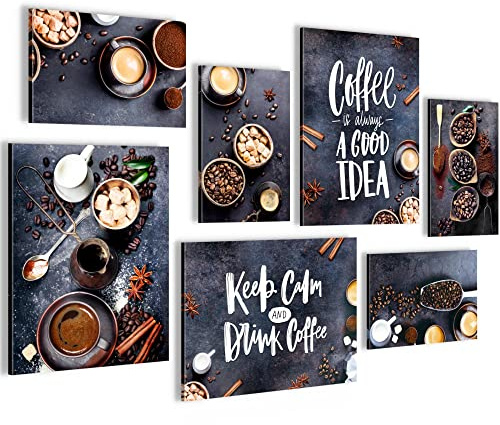 Novart Wandbilder Kaffee Küche Coffee - KOMPLETT AUFHÄNGFERTIG - Blau Braun Esszimmer Küchenbilder - 7 Moderne Mood-Bilder - N007271a