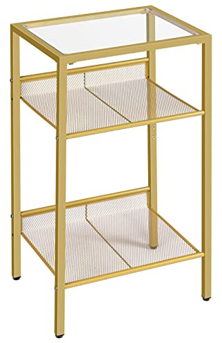 HOOBRO Gold Side Table, Tall Telephone End Table with Mesh Shelves, 3-Tier Nightstand with Tempered Glass Tabletop, for Living Room, Bedroom, Gold GD04DH01