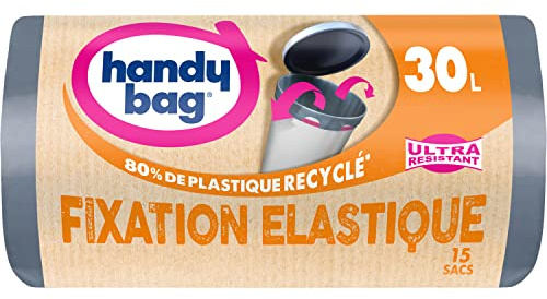 Handy Bag - Sacs poubelle fixation élastique 30L x 15 sacs - Maintient le sac en place - Ultra Résistant - Film triple épaisseur - Étanchéité maximale - 100% plastique recyclé