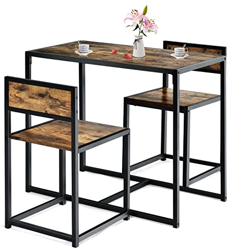GOPLUS Juego de 3 asientos, mesa de bistró con 2 sillas, mesa de bar con 2 taburetes, mesa de bar estrecha, sillas con respaldo, diseño industrial, para cocina, comedor (marrón)