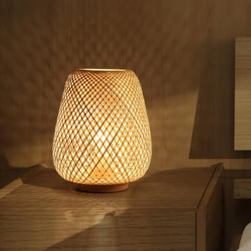 GUANSHAN Bambou Tissage Lanterne Lampe de Table Lampe de Chevet Style Japonais Veilleuse Décorative Table Lumineuse Éclairage de Table Abat-Jour en Bambou pour Chambre, Salon, Gradateur