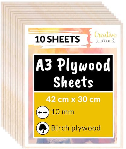 Creative Deco 10 x A3 Sperrholzplatte 10mm | 420 x 300 (+/- 2) mm | Birkensperrholz Dünne holz-Zuschnitte | Perfektes Blatt für Laubsäge, Brandmalerei, Laserschnitt, CNC Router, Durchbrochenes