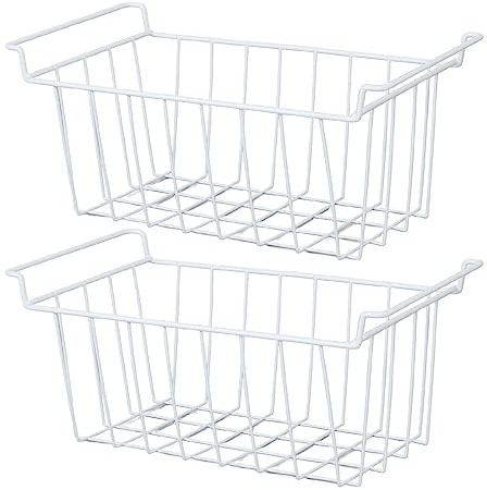 2Pcs Freezer Wire Storage Baskets, Hanging Metal Refrigerator Storage Rack Bins Freezer Organizer with Handles, Chest Freezer Organization for Kitchen Pantry Bathroom (L 44.5cm X W 24.5cm X H 20cm)