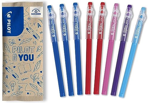 PILOT - 8er-Set FriXion Ball Stick - Gel-Tinte radierbar - 3 Blau, 2 Rot, 1 Rosa, 1 Lila, 1 HellBlau - Der FriXion Kugelschreiber - Für Federmäppchen - Schulartikel - Mittlere Spitze