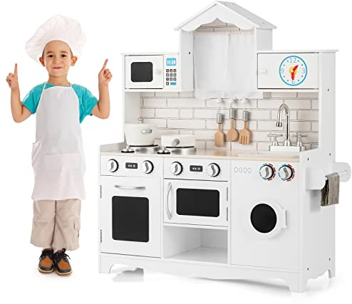 GOPLUS Cuisine Enfant avec Effet Lumière & Sonore, Jouet de Cuisine en Forme de Maison avec Rangement, Évier, Cuisinière, Four, Micro-Ondes, Horloge, Machine à Laver, Jeu d'Imitation pour 3+ Ans