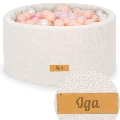 Flumi Personalisierte Bällebad Baby ab 1 Jahr - Bällepool Kinder 90x40cm mit 200 Bällebad Bälle ∅ 7cm in EU hergestellt - Oeko-TEX und CE-Zertifiziert - (Hellbeige Teddy)