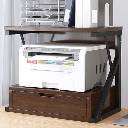 Homullel Countertop Kitchen Storage Rack, Microwave Oven Shelf Microwave Stand Storage Unit, Office Printer Stand for Desktop Storage Organizer (Dark Walnut, 1 Tier with Drawer)
