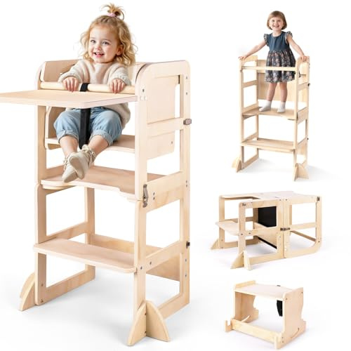 Woodure 6 in-1 Toddler Kitchen Step Stool with Wooden Stool, Foldable Learning Standing Tower with Blackboard & Feeding Tray, Wooden Kitchen Stool Helper for Kids, 1-3 Year Old Boy Girl Gifts