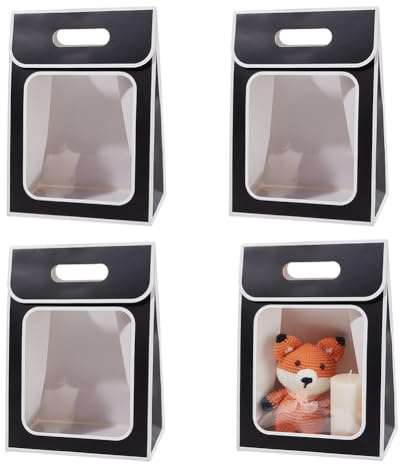 NBEADS 12 Stück Kraft Papiertüten mit Fenster, Stand Up Papiertüte mit Griffen 21.5x13x30cm Falttasche für Süßigkeiten Kekse Verpackung Hochzeit Laden Einzelhandel, Schwarz
