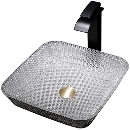 sjdoPulse Bathroom Countertop Washbasin with Pop-up Drain, Modern Tempered Glass Square Washbasin (A Small)