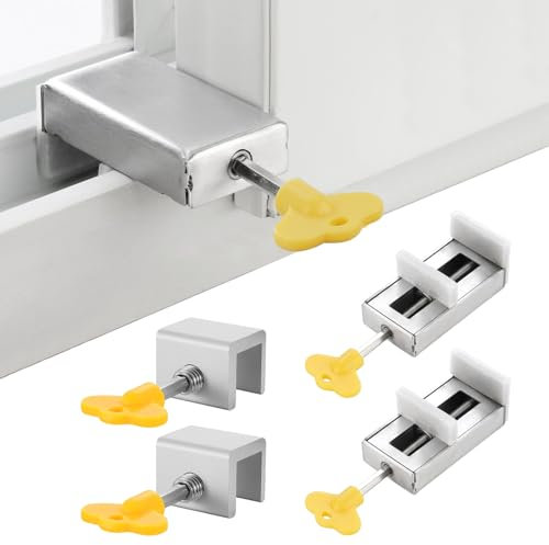 ZOCONE 4 Pack Cierre Ventana Corredera Seguridad Ventanas Vorrederas con 4 Llaves, Bloqueo Ventanas Correderas Ajustable Cerradura de Seguridad para Tope Ventana Corredera, Seguro Ventanas Niños