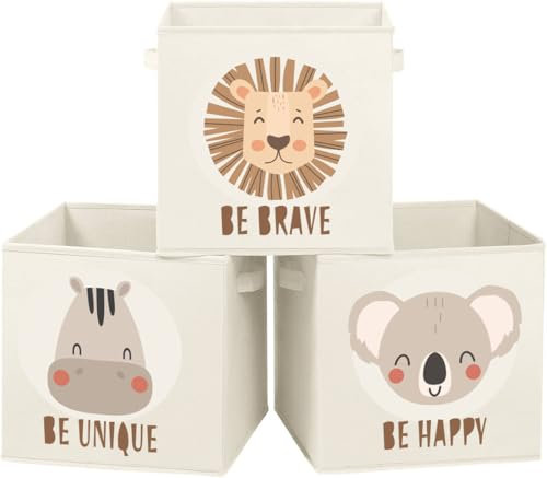 KissyMino - Pack 3 Cubos Almacenaje Beige 30x30x30 cm, Organizador Infantil Juguetes Libros Ropa, Compatible Estanterías Kallax Eket, Plegable y Resistente, Cajas Decorativas para Niños y Hogar