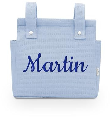 variouss Bolso de talega para silla de paseo o carro de bebé, Bolso organizador de tejido waffle personalizado con nombre bordado, (Azul)