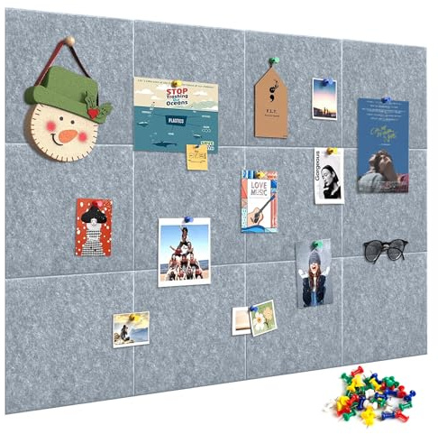 Filz Pinnwand,12 Stück Selbstklebende Korkplatte,30x30CM Groß,DIY Filz Memoboards Set für Fotos,Zeitpläne,Bulletin Board für Kinderzimmer,Klassenzimmer,Büro(montiert 121.9 cm x 96.5 cm) Hellgrau