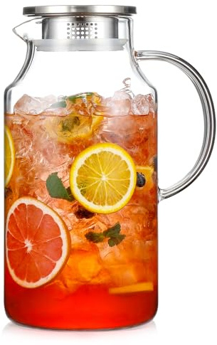 1 Gallon thickened Glass Pitcher with Lid and Spout, Borosilicate Glass Carafe for Hot/Cold Drink, Water Pitchers for Fridge, Extra Large Jug with Handle for Iced Tea, Coffee,Juice,Homemade Beverage