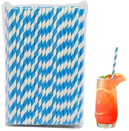 100 Stück Trinkhalme Blau Weiß – Blau-Weiß Gestreift Biologisch Abbaubare Papierstrohhalme – Einweg Strohhalme für Bier, Cocktails, Saft, Oktoberfest & Partydeko