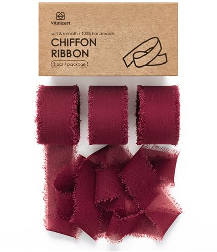 Vitalizart Schleifenband Burgunderrot 2,5 cm x 19,2 m, Geschenkband Chiffonband Stoffband für Hochzeitseinladung, Brautstrauß, Dekoration, Geschenkverpackung, Schleifenherstellung