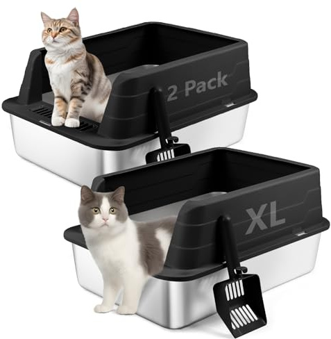 Bartuke Cajas de Arena para Gatos de Acero Inoxidable con Pala, Bandeja higiénica de Lados Altos, antisalpicaduras, sin olores, Antiadherente, fácil de Limpiar (Negro, 2 Unidad)