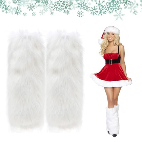 Stulpen Für Damen,Beinringe Plüsch-Beinwärmer,Kunstpelz-Manschetten,Pelzige Beinwärmer,Winter-Beinwärmer Für Damen,Lange Plüsch-Beinüberzüge,Für Winterwärmer Karneval Weihnachten,Weiß,40 Cm