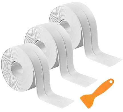3 Rolls Bath Sealant Strip, 38mm x 3.2m White Self-Adhesive Waterproof Tape with Sealing Tool for Sealing Edges, Showers, Bathtubs and Bathroom Floors