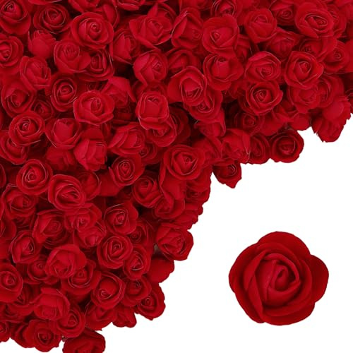 XDGBGFN 100 stücke Künstliche Rot Schaumrosen Mini Schaum Foamrosen 2,5CM Rotnköpfe Rot Blumen für Valentinstag Party Hochzeit Dekoration DIY Herstellung Tischdekoration (Burgunderrot)