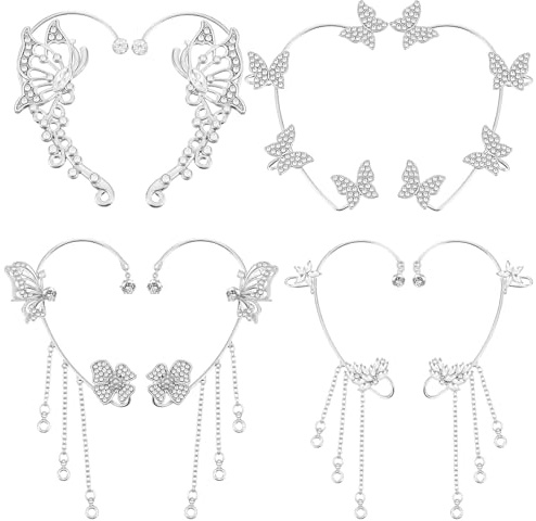 4 Pairs Butterfly Ear Cuff, Glitter Rhinestone Ear Cuffs Non Piercing, Silver Butterfly Earrings for Women Fairy Costume, Wedding, Party, Halloween Christmas(Silver)