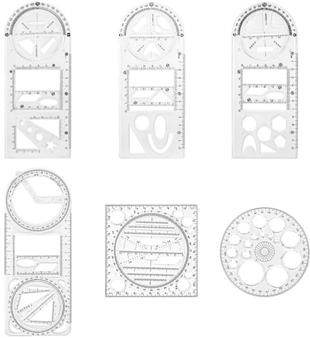 URROMA Set di 6 righelli da disegno multifunzionali, funzione matematica girevole, set di righelli per geometria matematica, goniometro circolare a 360 gradi, strumenti da disegno