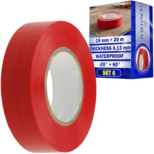 MONTERAL 6 Stück Elektro Isolierband Rot 19 mm x 20 m Dicke 0,13 mm | Isolierband Wasserdicht für Professionelle Arbeiten und Farbcodierung - Isolierklebeband Hergestellt aus PVC - MONTERAL