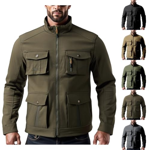 Herrjacka med flera fickor för män cargojacka stående krage stridsrockar arméträning rockar hållbar militär rock prestanda arbetskläder jackor militär bomberjackor vinter ytterkläder vindjacka, Khaki