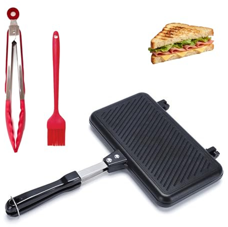 Appareil à croque-monsieur double face avec poignée résistante à la chaleur - Grille-pain pliable avec 1 pince de cuisine en acier inoxydable et 1 pinceau en silicone - Noir - Pour cuisine et petit