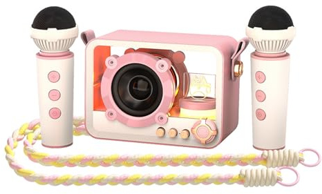 Luocute Mini Macchina per Karaoke, Altoparlante Portatile con Microfoni Wireless e Gancio Nascosto, Tecnologia BT 5.3 per Feste in Casa, Campeggio All'aperto, Viaggi (Rosata)