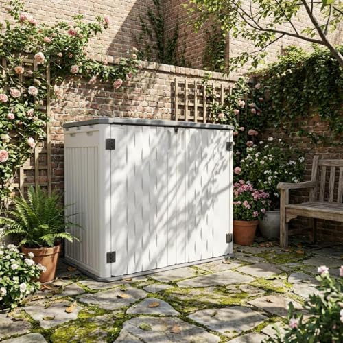 35Cu ft Outdoor Resin Storage Cabinet, Outdoor Trash Can Storage Waterproof, Outdoor Resin Storage Box for Patio Tools, Sofa Cushion, Lawn Mower and Garbage Cans
