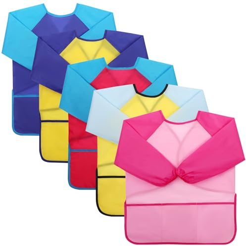 GSrenyu 5Pcs Kids Painting Apron Age 3-8 Long Sleeve with 3 Pockets | Waterproof Art Smock, Childrens Painting Apron, Art Paint Apron for Painting Cooking Baking Crafts