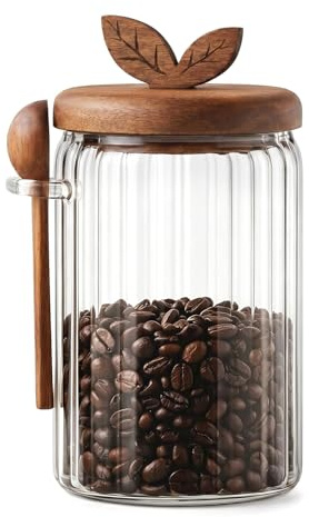 Joyseedi Glass Coffee Canister with Wooden Lid & Spoon, Airtight Food Storage Jar Ground Coffee Bean Storage Containers for Coffee, Sugar, Salt, Tea & Snacks (800ML)