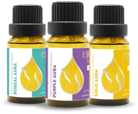 Aura Set Mélanges d'Huiles Essentielles Bio 45 ml (3 flacons de 15 ml) | Lavande, Menthe Japonaise, Eucalyptus | Aromathérapie, Sauna & SPA | 100 % Pures et Naturelles | Non diluées