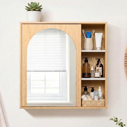 Hometopia Spiegelschrank Bad hängend mit Spiegel, Badezimmerschrank Hängend mit offenen Fächern, Badschrank mit verstellbaren Einlegeböden, platzsparender Hängeschrank 60x20x60cm
