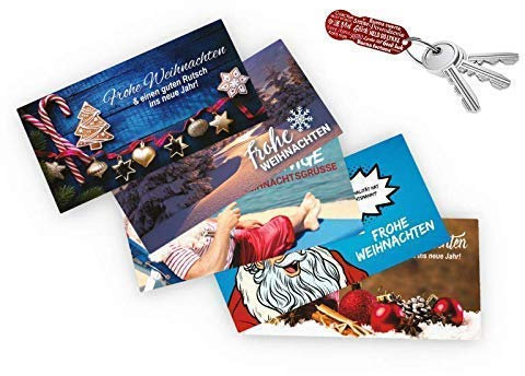 Weihnachtskarten Set ( 5 Stück) mit je ein Einkaufswagenlöser von Code24 - Praktischer Einkaufschip & Schlüsselanhänger / Motiv: Christmas, inkl. Schlüsselfundservice, Key-Finder