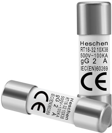 Heschen RT18-32 (RO15) - Tubo de fusible cilíndrico de cerámica, 10 x 38 mm, 2A 500 V, CE, 20 unidades