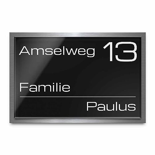 Designer Hausnummer 30x20 cm mit Gravur und Montage Set - rechteckig - Familien-Haus gravierte Hausnummern mit Straßen Straßennamen für die Haustür Ferienhaus