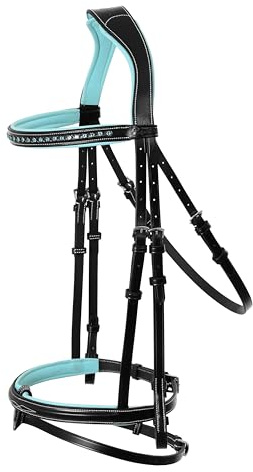 ExionPro Briglia blu con fascia per frontalino e snaffle con briglia in morbida pelle imbottita blu con flash e redini in gomma, briglia inglese blu reale