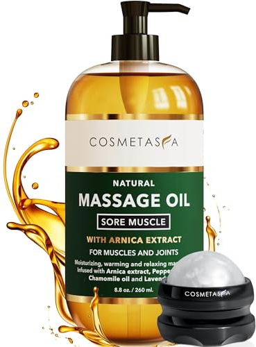 Cosmetasa Massage Oil for Sore Muscle Massage Therapy with Roller - All Natural, Cruelty-Free Massage Oils for Muscle Relaxing & Joint Comfort - Arnica Extract with Lavender & Chamomile Oil (8.8 oz)