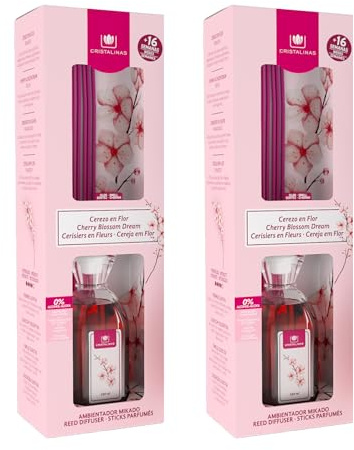 CRISTALINAS. Ambientador Mikado Clásico. Difusor con Varillas. Formula sin Alcohol. Máxima duración, más de 16 semanas. 180ml de Capacidad. Aroma Cerezo en Flor (2x180ml)