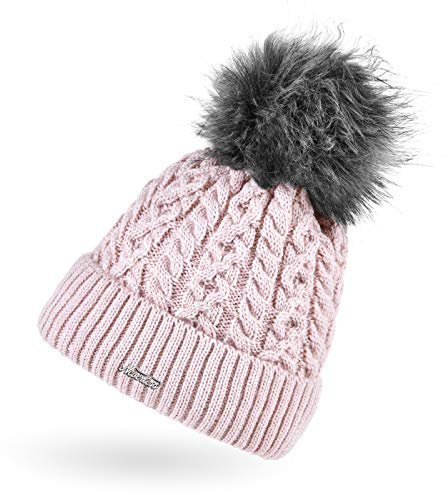 Neverless® Damen Strick-Mütze gefüttert Fell-Bommel Kunstfell Bommelmütze Zopfstrickmuster Umschlag rosa