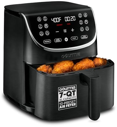 Gourmia Air Fryer - 7 Qt Large Capacity with LED Display, 12 One-Touch Presets, FryForce 360° Technology, Nonstick Dishwasher-Safe Basket & Crisper Tray, Black